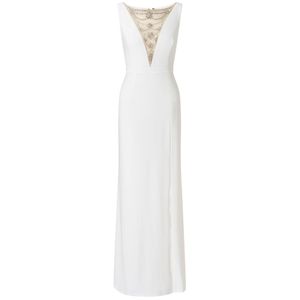 Adrianna Papell Illusion Beaded Neckline Slit Gown Ivory EUC 10